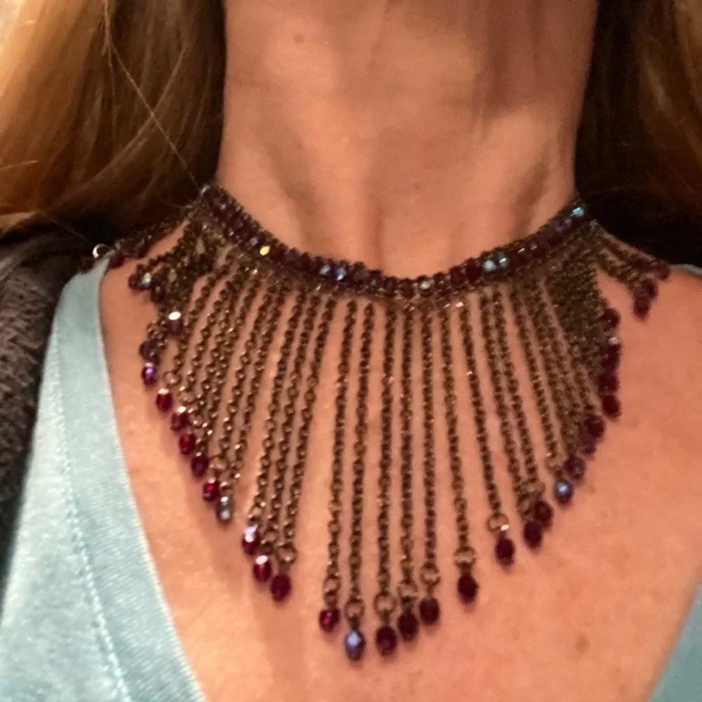 Vintage Iridescent red crystal gun metal chain fringed necklace